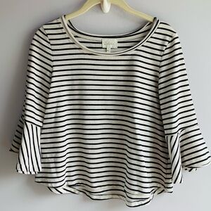 Deletta Celina Knit Top Black Cream Stripes Bell Sleeve Soft Cotton Petite XS